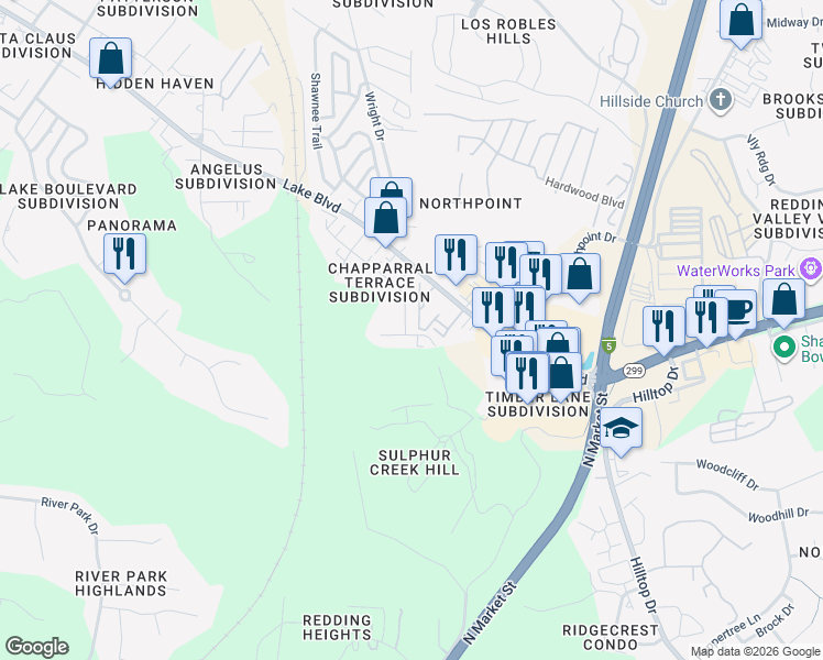 map of restaurants, bars, coffee shops, grocery stores, and more near 315 Buckeye Terrace in Redding