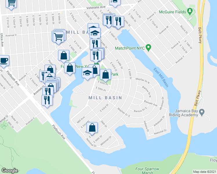 map of restaurants, bars, coffee shops, grocery stores, and more near 2262 East 60th Place in Brooklyn