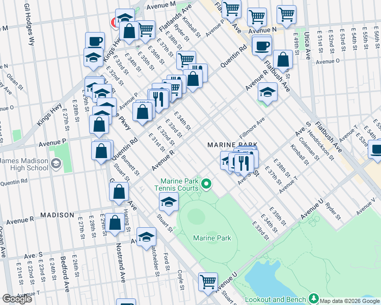 map of restaurants, bars, coffee shops, grocery stores, and more near 1827 East 33rd Street in Brooklyn