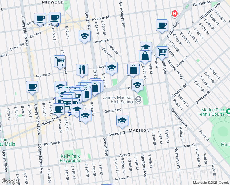 map of restaurants, bars, coffee shops, grocery stores, and more near 1658 East 22nd Street in Brooklyn