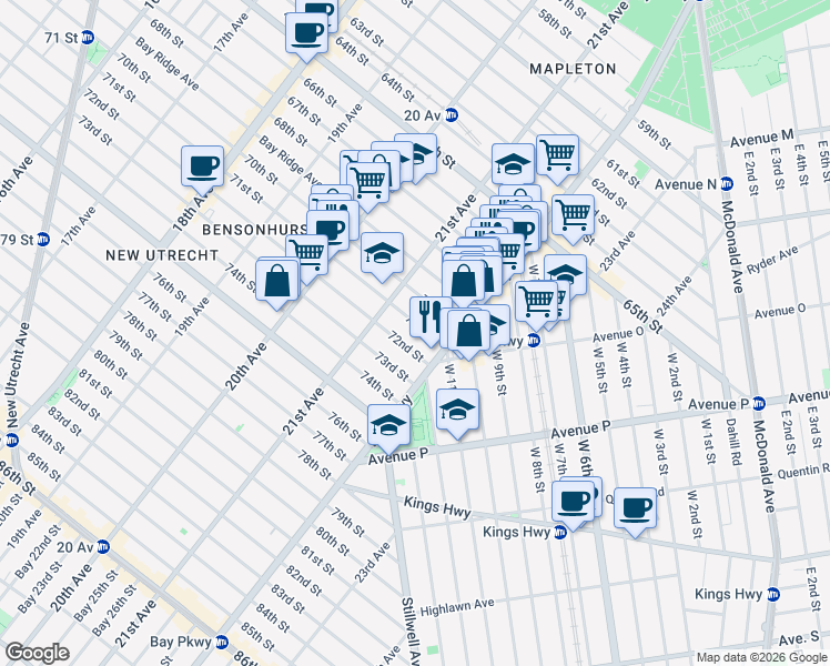 map of restaurants, bars, coffee shops, grocery stores, and more near 2150 71st Street in Brooklyn