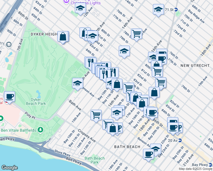 map of restaurants, bars, coffee shops, grocery stores, and more near 8622 15th Avenue in Brooklyn