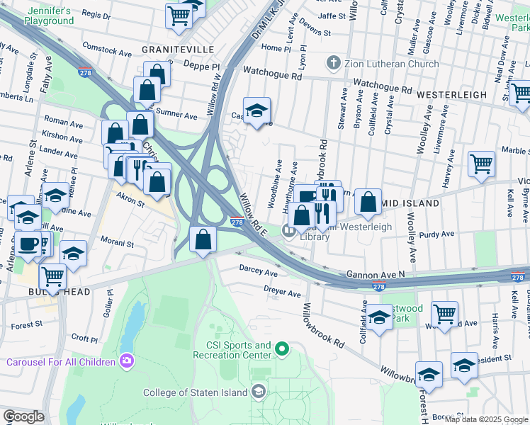 map of restaurants, bars, coffee shops, grocery stores, and more near 327 Woodbine Avenue in Staten Island