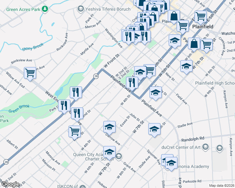 map of restaurants, bars, coffee shops, grocery stores, and more near 633 South 2nd Street in Plainfield