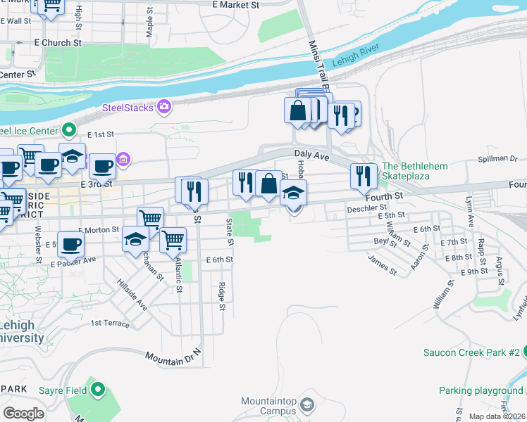 map of restaurants, bars, coffee shops, grocery stores, and more near 1144 East 4th Street in Bethlehem