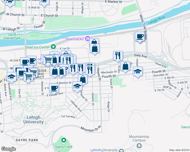 map of restaurants, bars, coffee shops, grocery stores, and more near 807 East 4th Street in Bethlehem