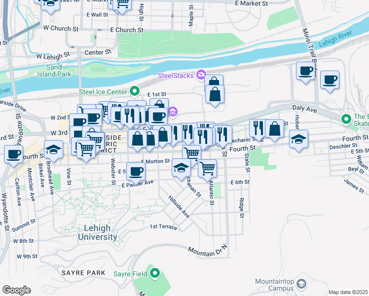 map of restaurants, bars, coffee shops, grocery stores, and more near 710 Evans Street in Bethlehem