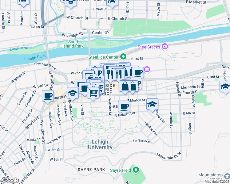 map of restaurants, bars, coffee shops, grocery stores, and more near 225 East 4th Street in Bethlehem