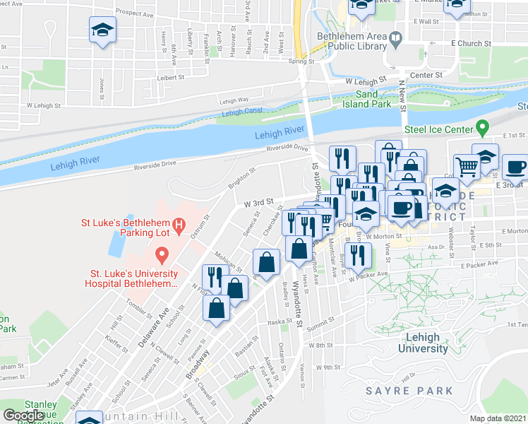 map of restaurants, bars, coffee shops, grocery stores, and more near 404 Seneca Street in Bethlehem
