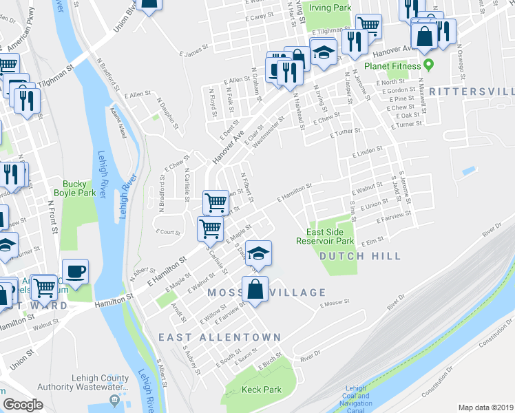map of restaurants, bars, coffee shops, grocery stores, and more near 10 North Filbert Street in Allentown
