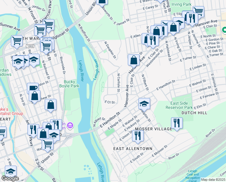 map of restaurants, bars, coffee shops, grocery stores, and more near 230 East Linden Street in Allentown