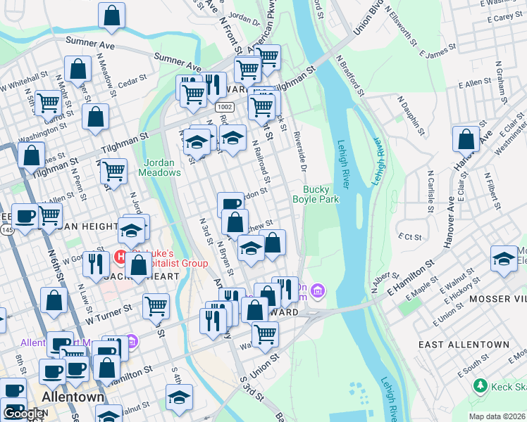 map of restaurants, bars, coffee shops, grocery stores, and more near 328 Ridge Avenue in Allentown