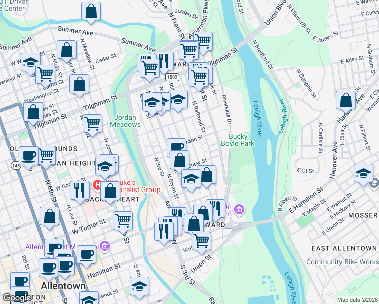 map of restaurants, bars, coffee shops, grocery stores, and more near 328 Ridge Avenue in Allentown