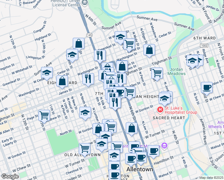 map of restaurants, bars, coffee shops, grocery stores, and more near 611 North 7th Street in Allentown