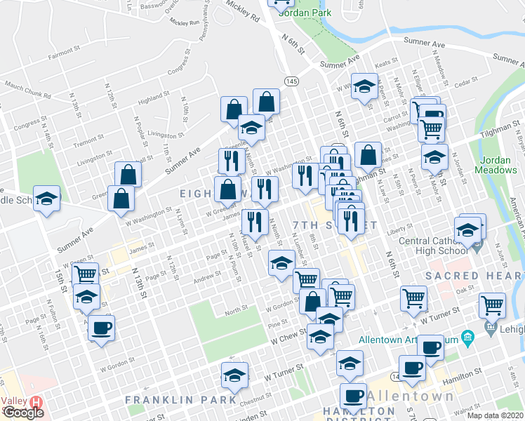 map of restaurants, bars, coffee shops, grocery stores, and more near 845 Tilghman Street in Allentown