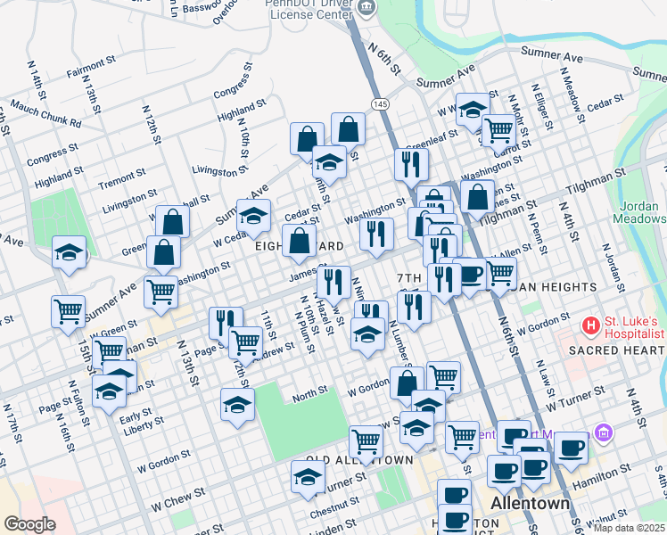 map of restaurants, bars, coffee shops, grocery stores, and more near 717 North New Street in Allentown