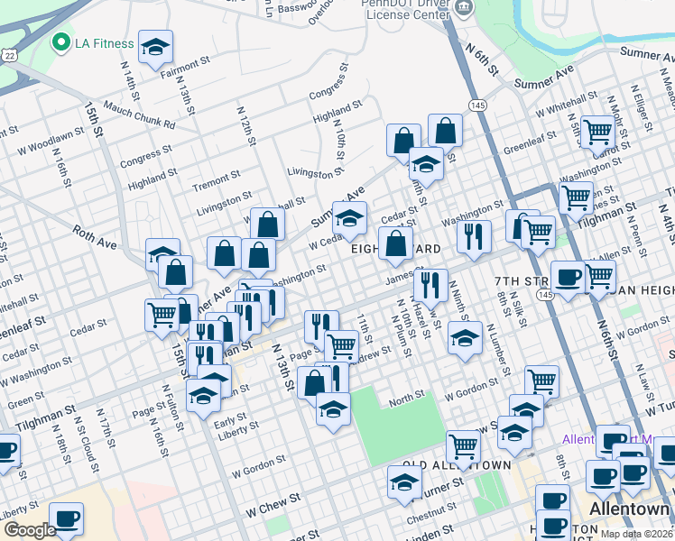 map of restaurants, bars, coffee shops, grocery stores, and more near 1123 Washington Street in Allentown