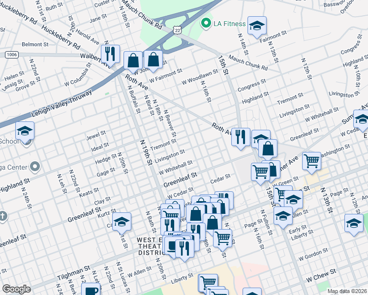 map of restaurants, bars, coffee shops, grocery stores, and more near 1015 North 18th Street in Allentown
