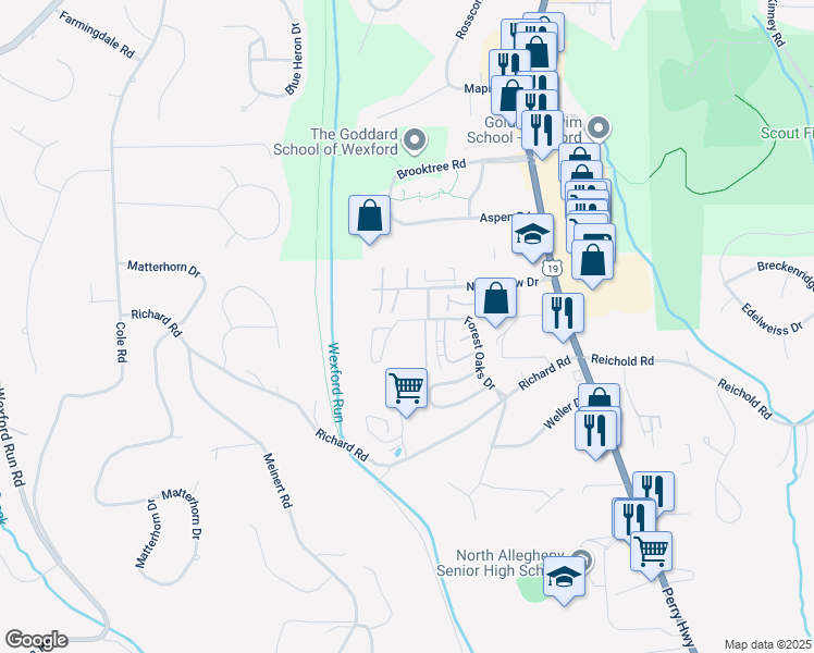 map of restaurants, bars, coffee shops, grocery stores, and more near 10573 Cherry Grove Court in Wexford