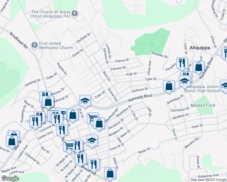 map of restaurants, bars, coffee shops, grocery stores, and more near 1720 VanBuren Street in Aliquippa