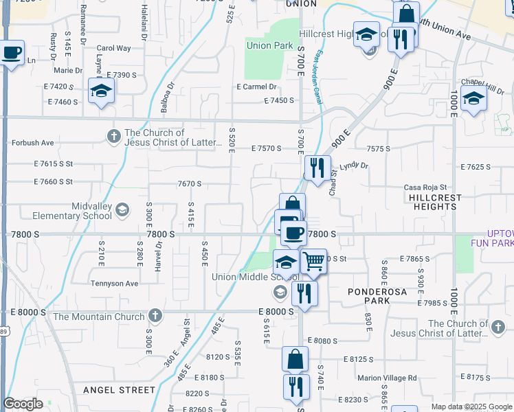 map of restaurants, bars, coffee shops, grocery stores, and more near 7731 Briarsprings Drive in Midvale