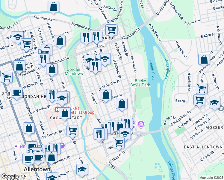 map of restaurants, bars, coffee shops, grocery stores, and more near 328 Ridge Ave in Allentown