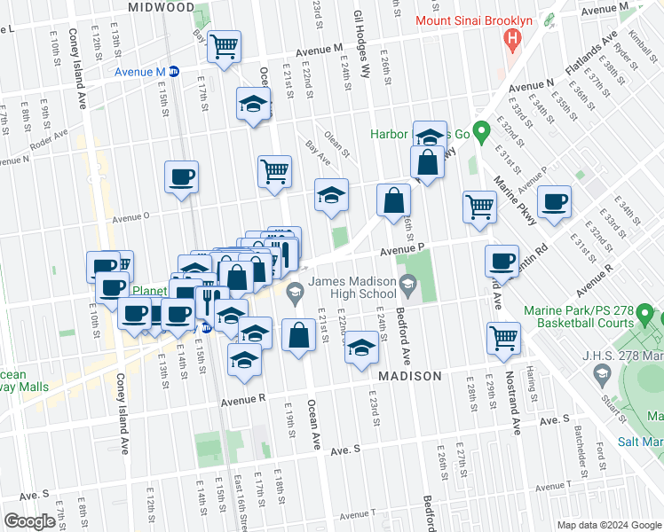map of restaurants, bars, coffee shops, grocery stores, and more near 1658 East 22nd Street in Brooklyn