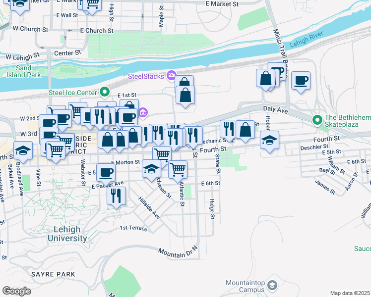 map of restaurants, bars, coffee shops, grocery stores, and more near 807 East 4th Street in Bethlehem