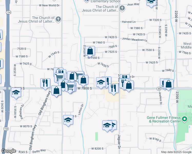 map of restaurants, bars, coffee shops, grocery stores, and more near 7721 Sunset Circle in West Jordan
