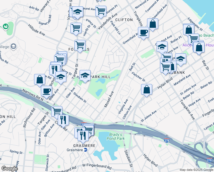 map of restaurants, bars, coffee shops, grocery stores, and more near 45 Leewood Loop in Staten Island
