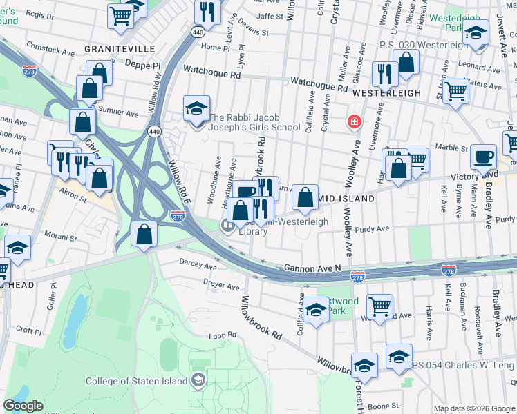 map of restaurants, bars, coffee shops, grocery stores, and more near 523 Willowbrook Road in Staten Island