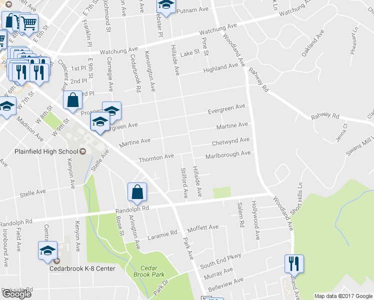map of restaurants, bars, coffee shops, grocery stores, and more near 1092 Hillside Avenue in Plainfield