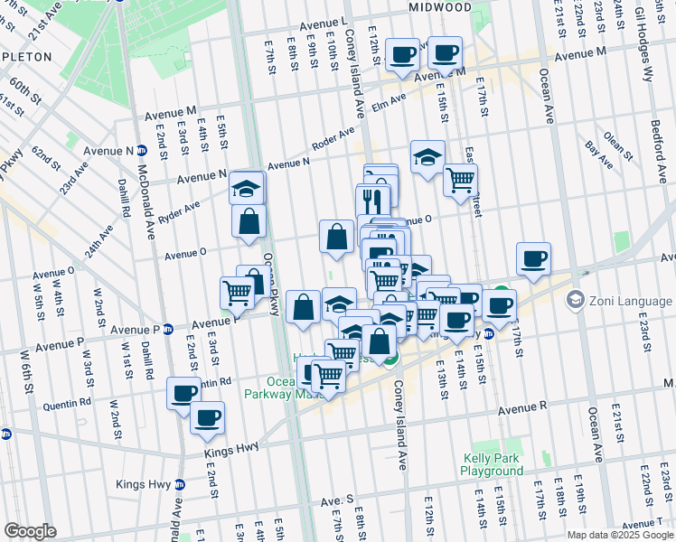 map of restaurants, bars, coffee shops, grocery stores, and more near 1554 East 9th Street in Brooklyn