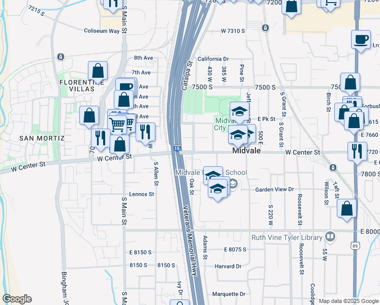 map of restaurants, bars, coffee shops, grocery stores, and more near 6 South 480 West in Midvale