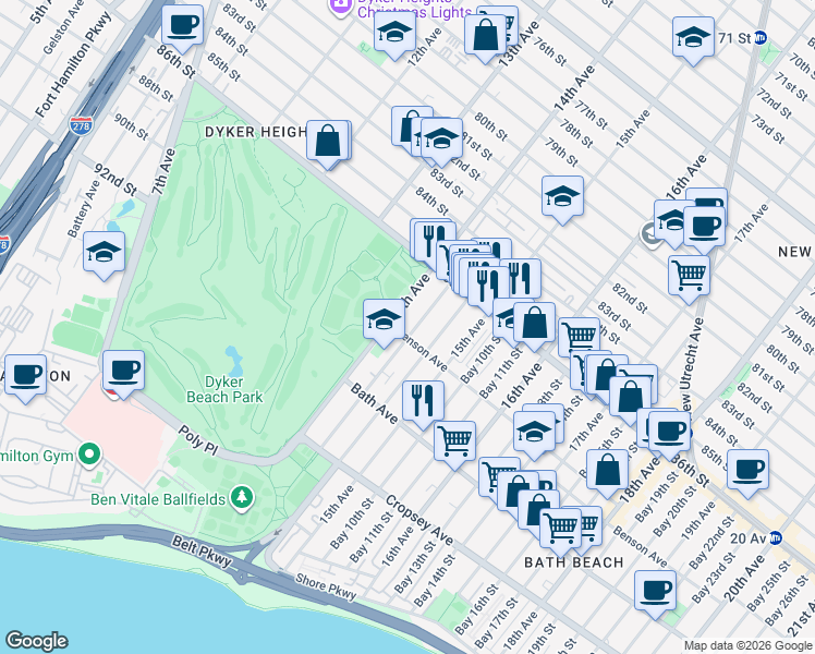 map of restaurants, bars, coffee shops, grocery stores, and more near 80 Bay 7th Street in Brooklyn