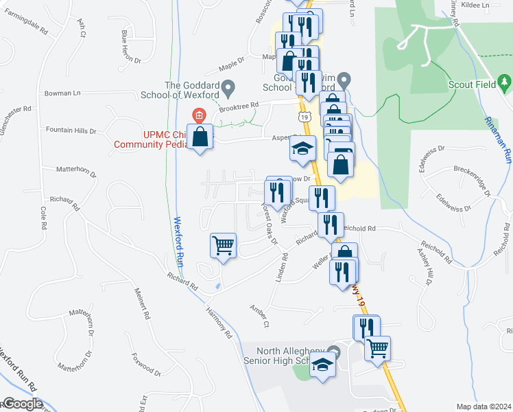map of restaurants, bars, coffee shops, grocery stores, and more near 10570 Forest Oaks Drive in Wexford