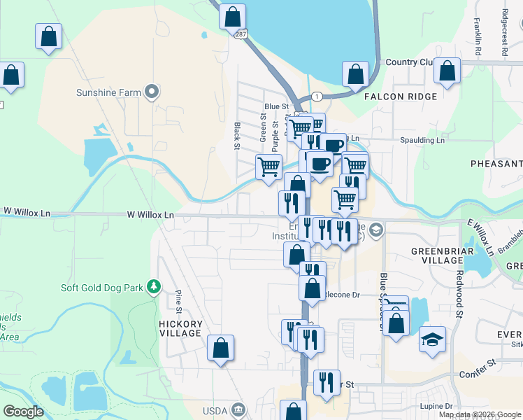 map of restaurants, bars, coffee shops, grocery stores, and more near 218 West Willox Lane in Fort Collins