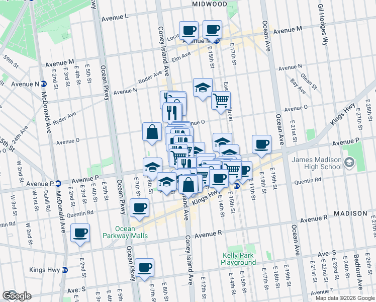 map of restaurants, bars, coffee shops, grocery stores, and more near 1568 East 12th Street in Brooklyn