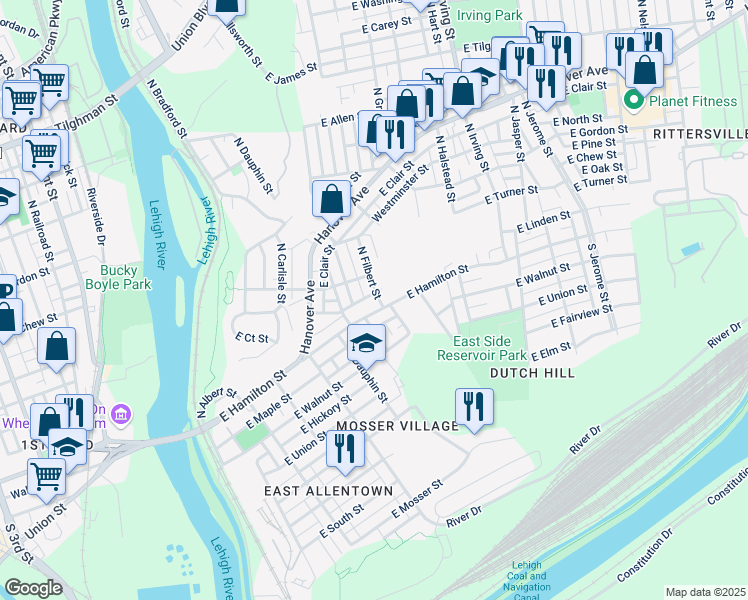 map of restaurants, bars, coffee shops, grocery stores, and more near 10 North Filbert Street in Allentown