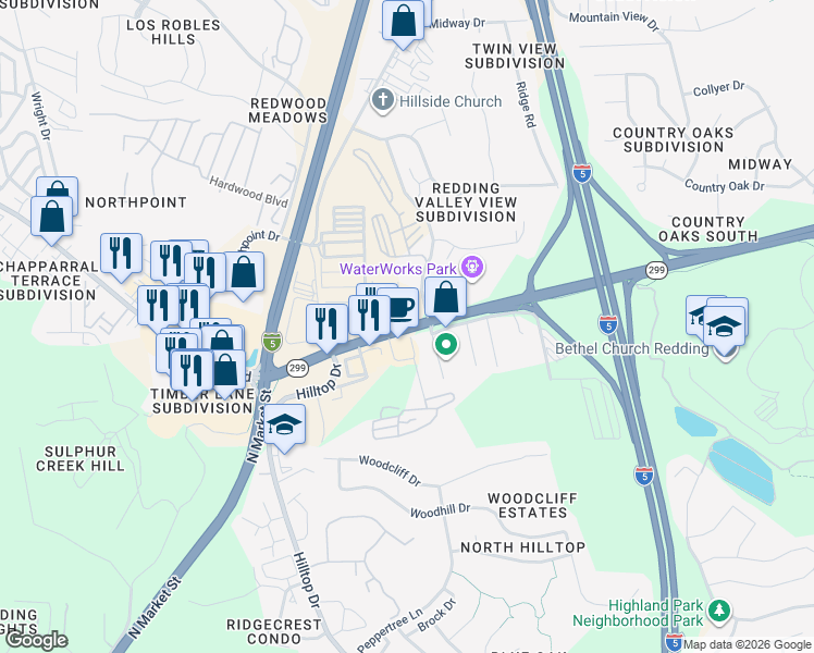 map of restaurants, bars, coffee shops, grocery stores, and more near 3256 Lake Boulevard East in Redding