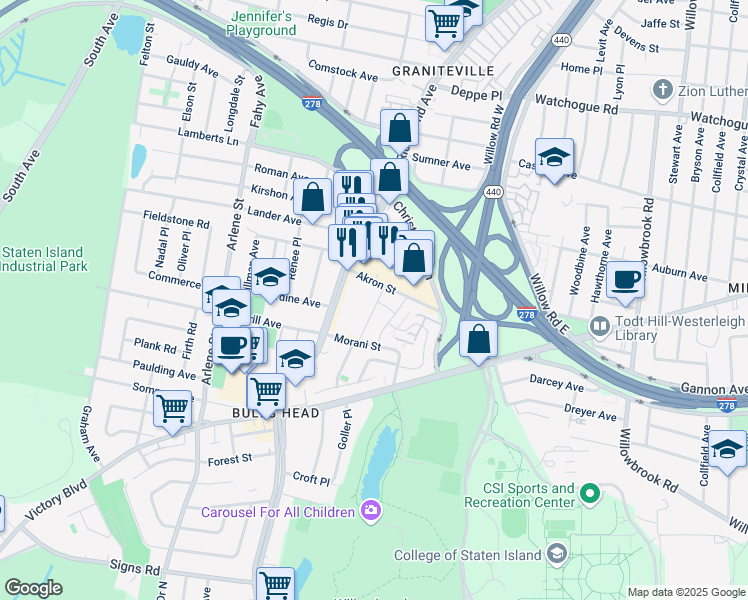 map of restaurants, bars, coffee shops, grocery stores, and more near 54B Jennifer Place in Staten Island
