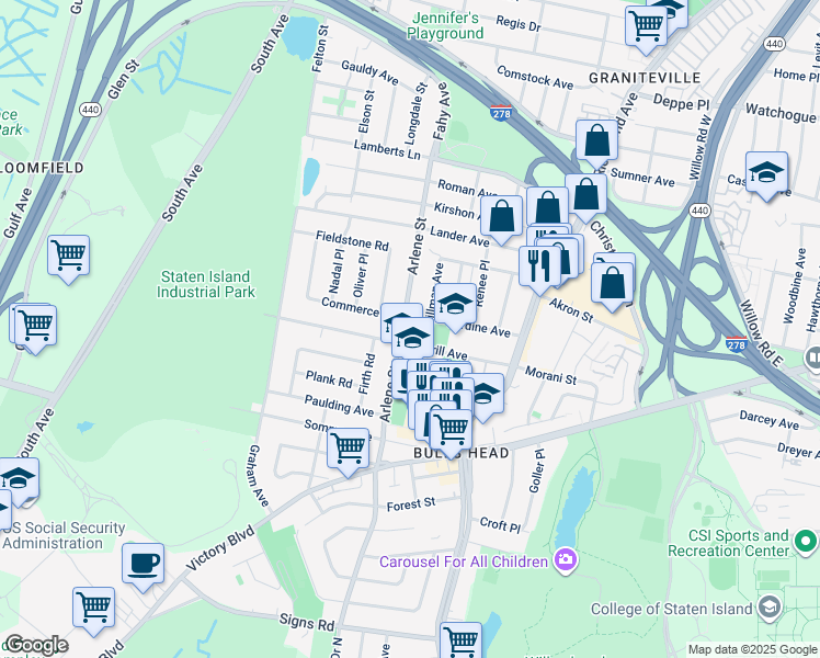 map of restaurants, bars, coffee shops, grocery stores, and more near 293 Arlene Street in Staten Island