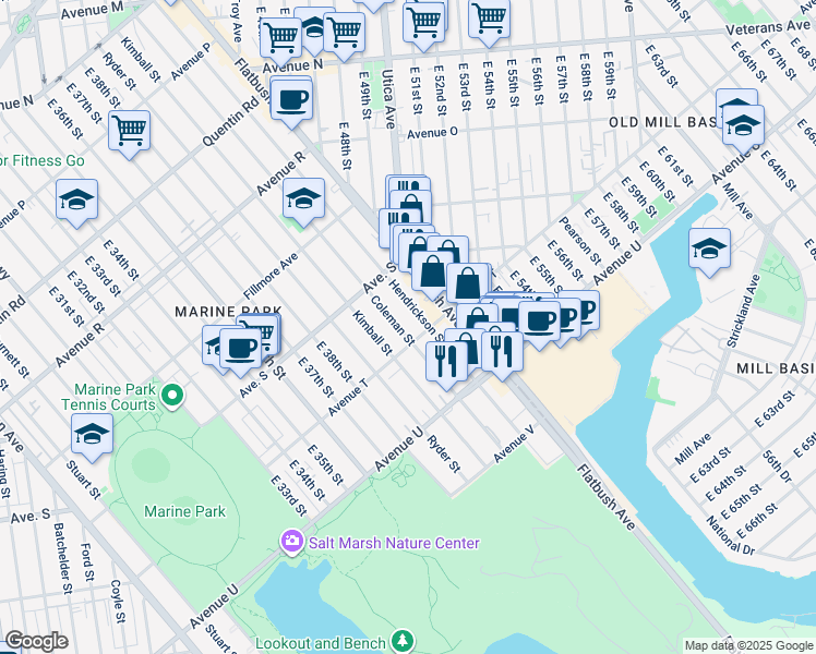 map of restaurants, bars, coffee shops, grocery stores, and more near 2069 Coleman Street in Brooklyn