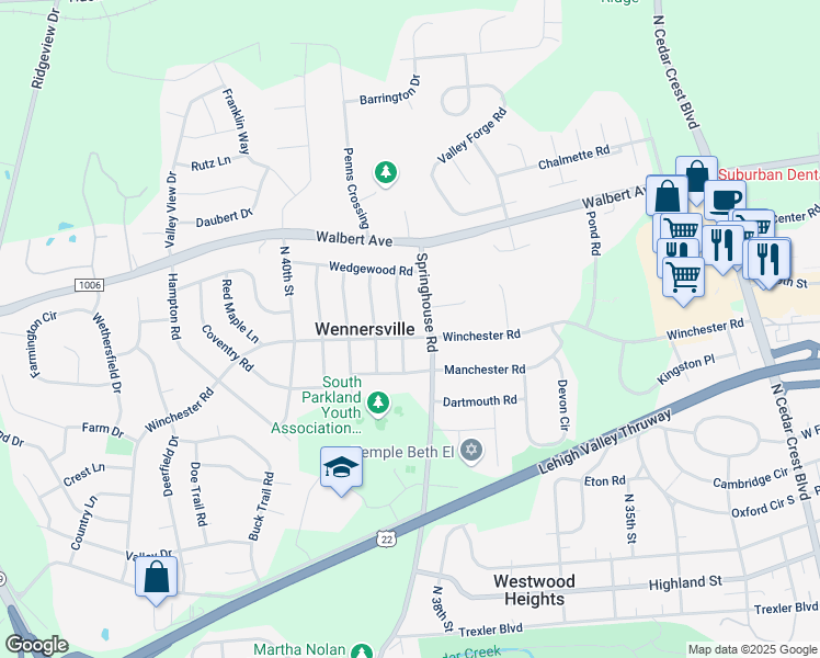 map of restaurants, bars, coffee shops, grocery stores, and more near 1449 White Oak Road in Allentown