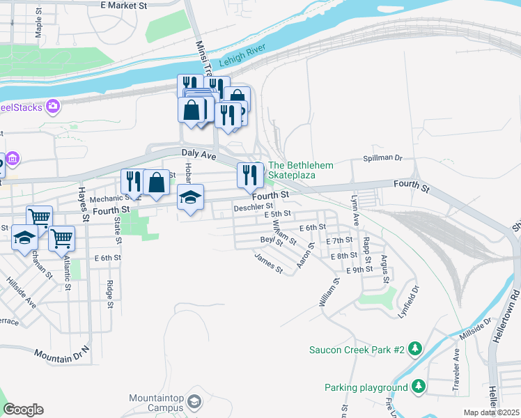 map of restaurants, bars, coffee shops, grocery stores, and more near 1337 Deschler Street in Bethlehem