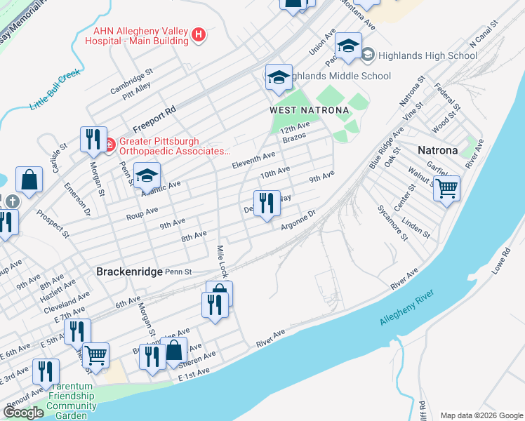 map of restaurants, bars, coffee shops, grocery stores, and more near 1261 8th Avenue in Natrona Heights
