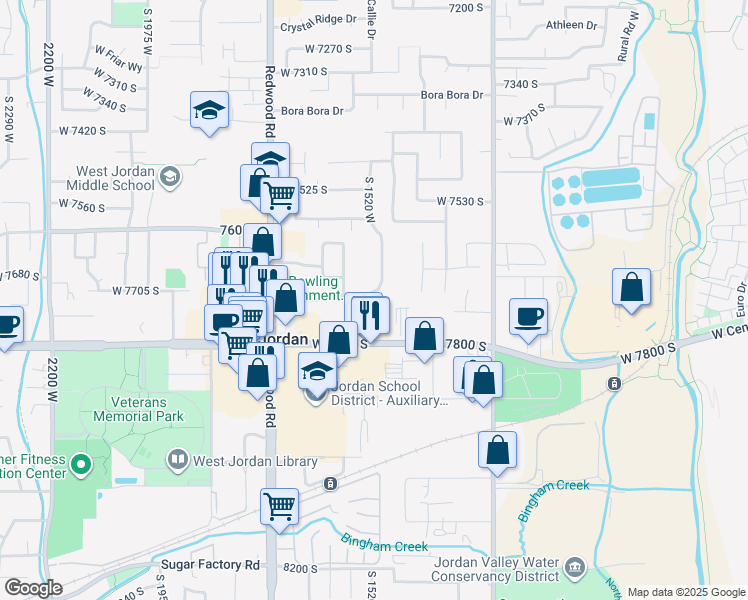 map of restaurants, bars, coffee shops, grocery stores, and more near 7701 S 1530 W in West Jordan