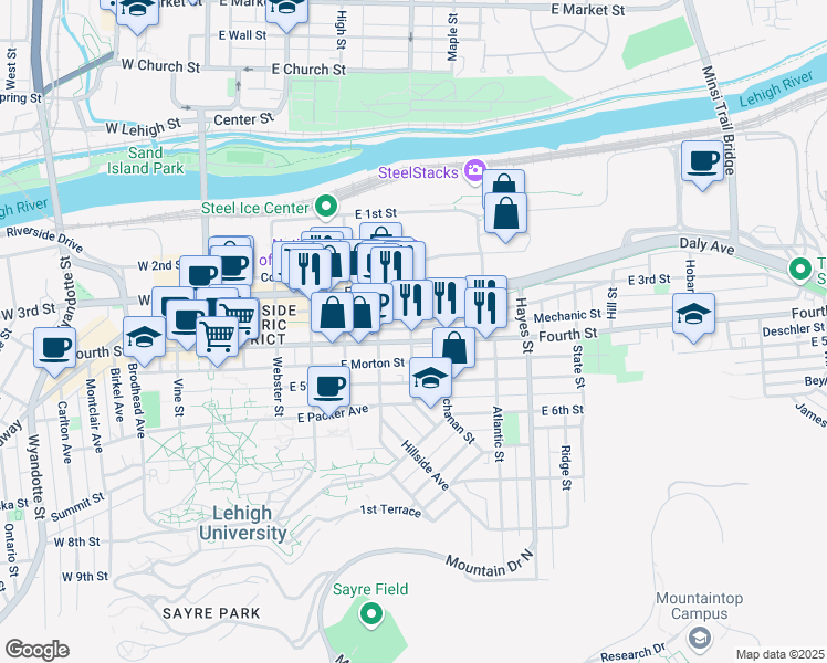 map of restaurants, bars, coffee shops, grocery stores, and more near 600 Evans Street in Bethlehem