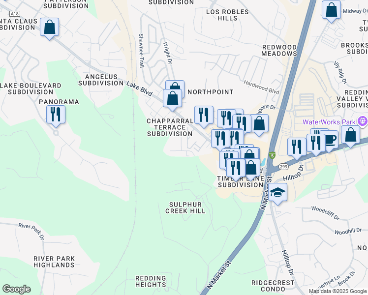 map of restaurants, bars, coffee shops, grocery stores, and more near 315 Buckeye Terrace in Redding