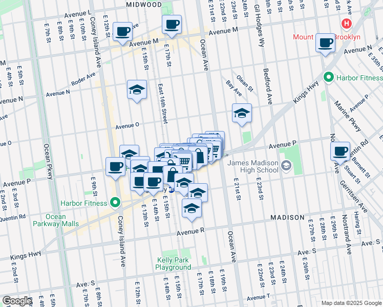 map of restaurants, bars, coffee shops, grocery stores, and more near 1719 Avenue P in Brooklyn
